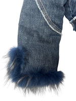 Vintage 2000s Y2K Rocco Barocco Dark Wash Blue Denim Coat with Faux Fur Collar Trim | Size L