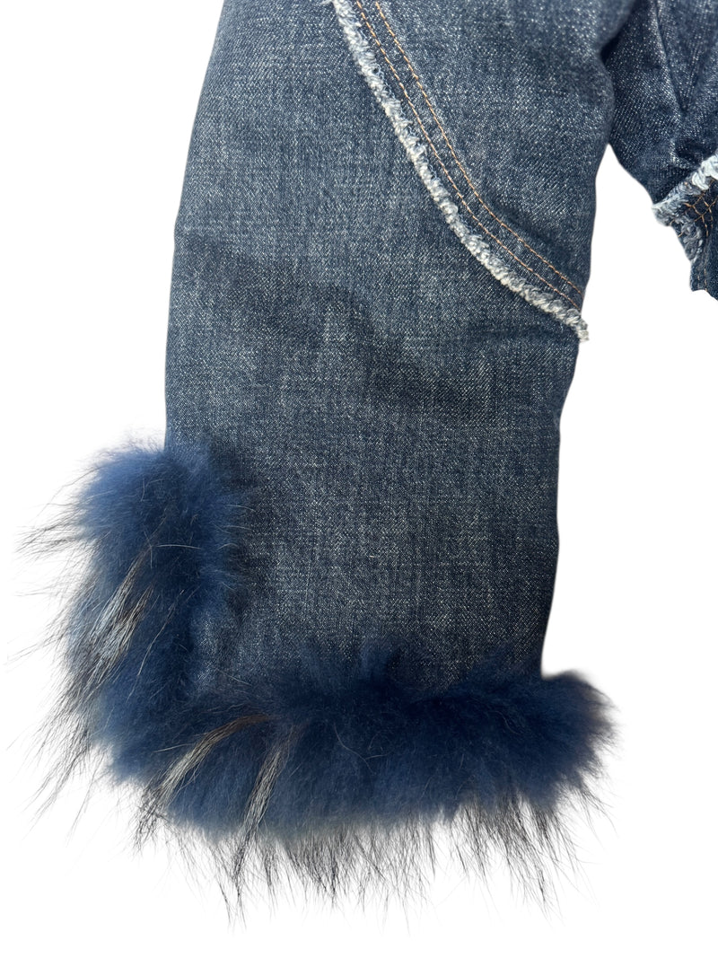 Vintage 2000s Y2K Rocco Barocco Dark Wash Blue Denim Coat with Faux Fur Collar Trim | Size L