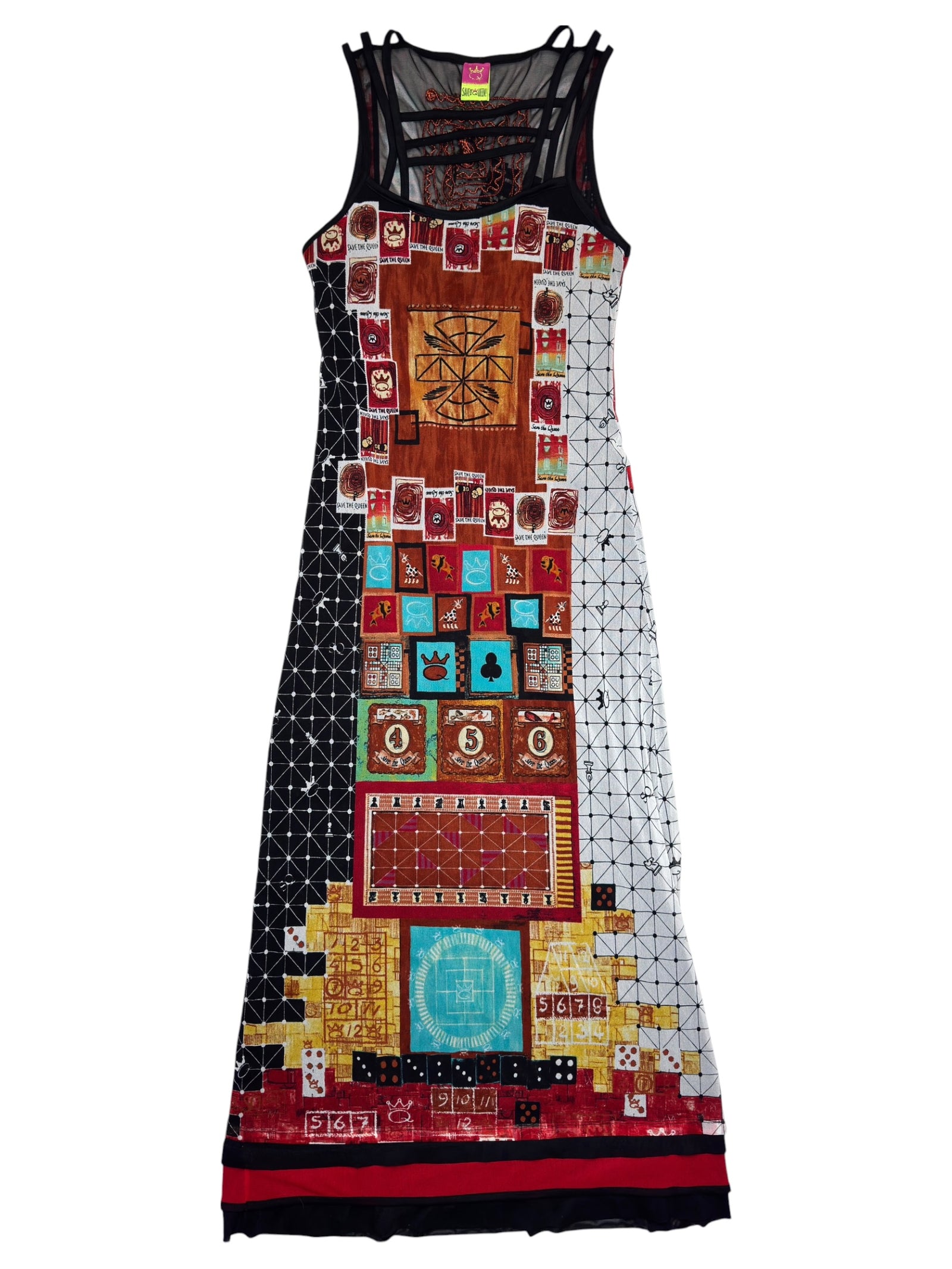 Vintage 2000s SAVE THE QUEEN Abstract Tank Floor Length Mesh Maxi Dress | Size M-L