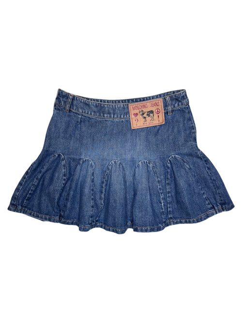Vintage 2000s MOSCHINO Mid-Rise Fit & Flare Pleated Bubble Denim Mini Skirt | Size M