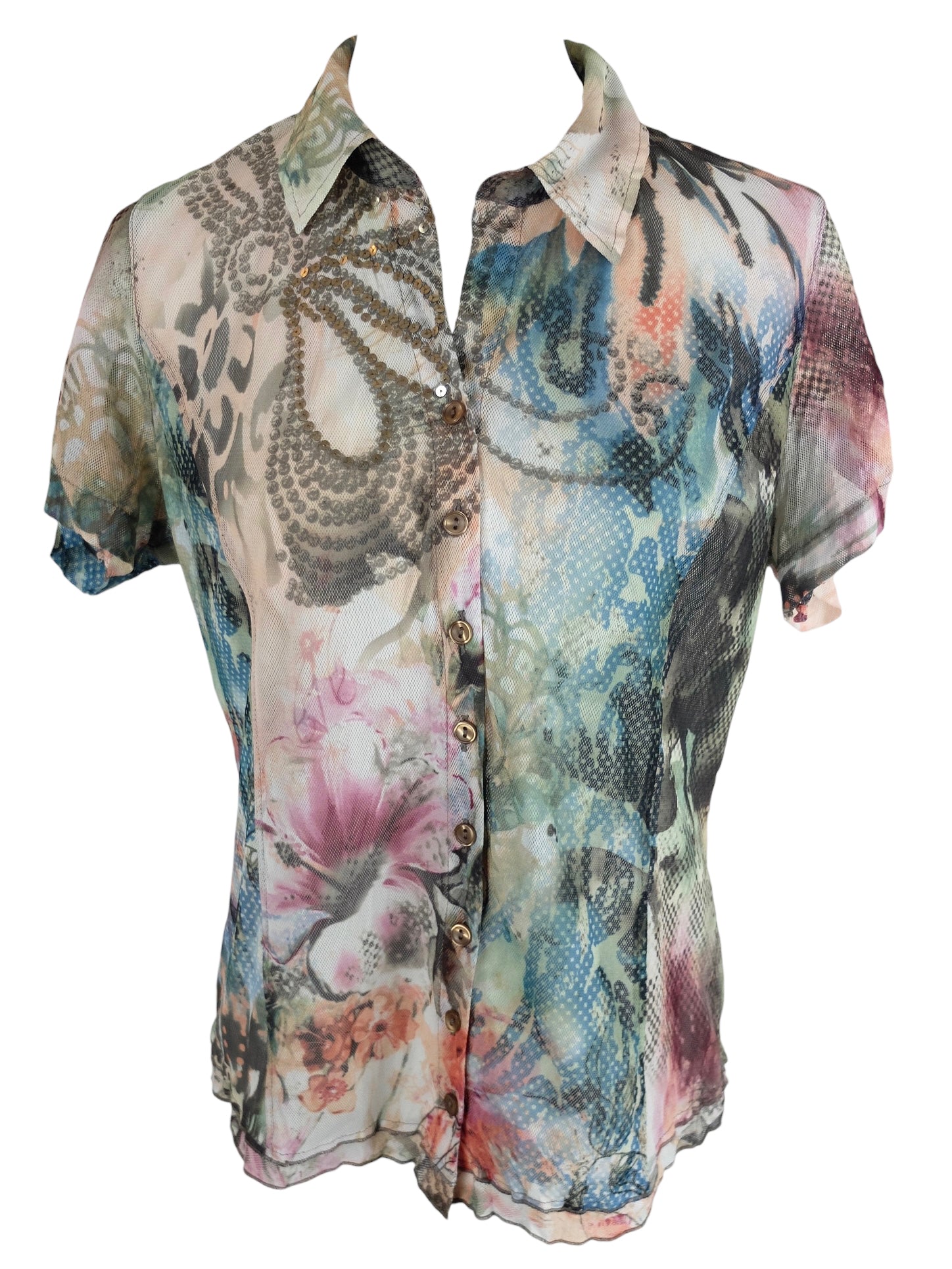 Vintage 2000s Y2K Chic Abstract Psychedelic Op-Art Patterned Collared Short Sleeve Button Up Blouse with Cinched Tie Sleeves | Size M-L