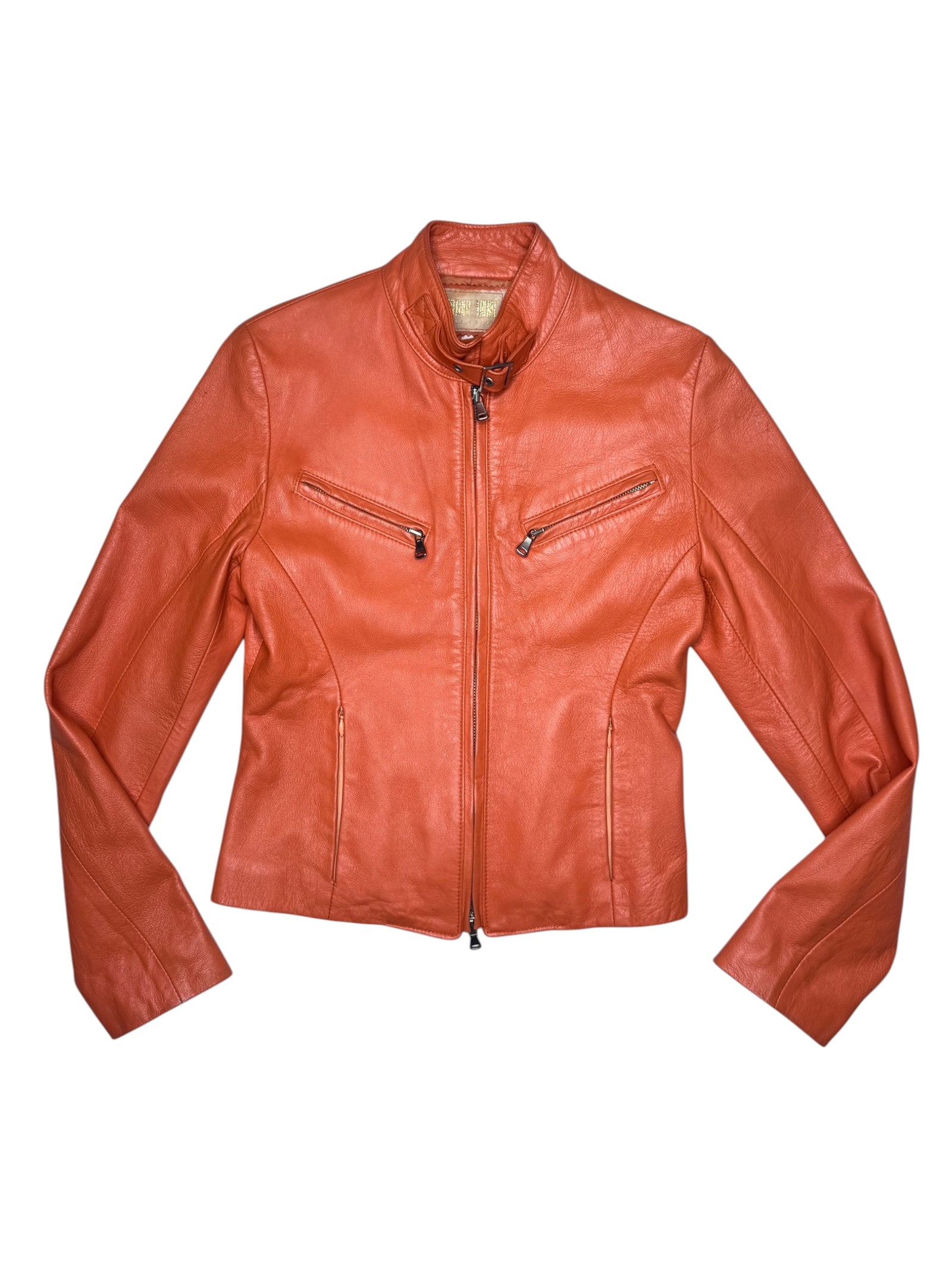 Vintage 2000s Orange Moto Leather Zip Up Jacket with Buckle Detail | Size S
