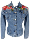 Vintage 2000s Y2K Blumarine Fitted Blue Denim Jacket with Studs & Floral Embroidery Detail  | Size XS