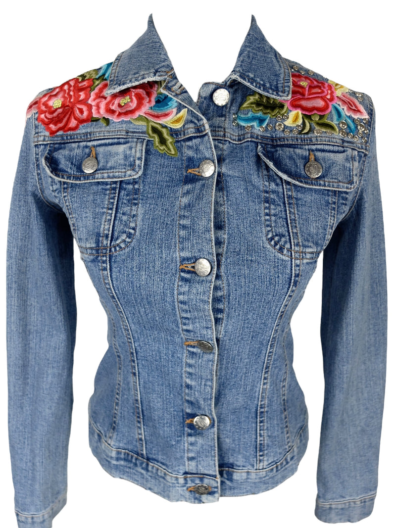 Vintage 2000s Y2K Blumarine Fitted Blue Denim Jacket with Studs & Floral Embroidery Detail  | Size XS