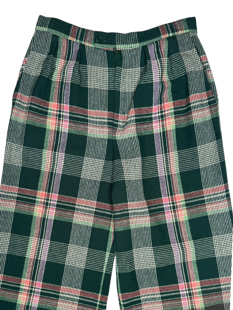 Vintage 70s Mod Bohemian Hippie High Waisted Wool Green & Pink Tartan Check Print Wide Leg Trousers | 26 Inch Waist