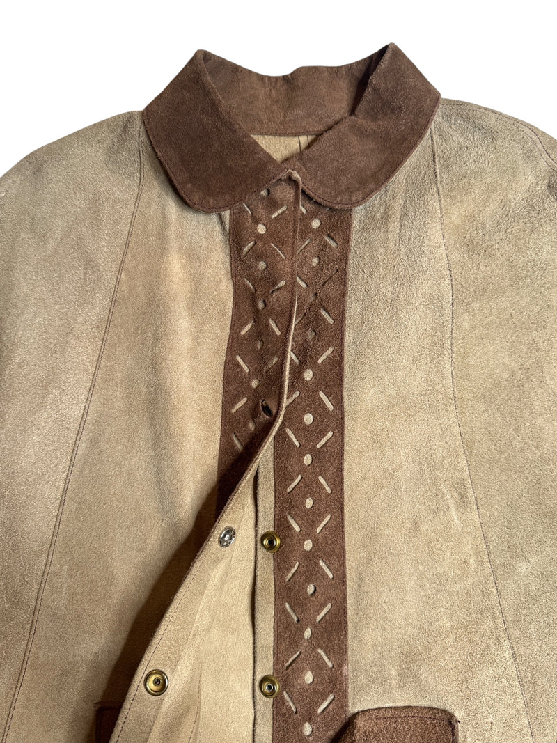 Vintage 70s Bohemian Hippie Tan & Brown Suede Leather Collared Snap Button Down Cape Poncho | Size M
