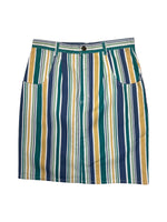Vintage 2000s High Waisted Green Yellow & White Striped Denim Knee Length Jean Skirt | Size M