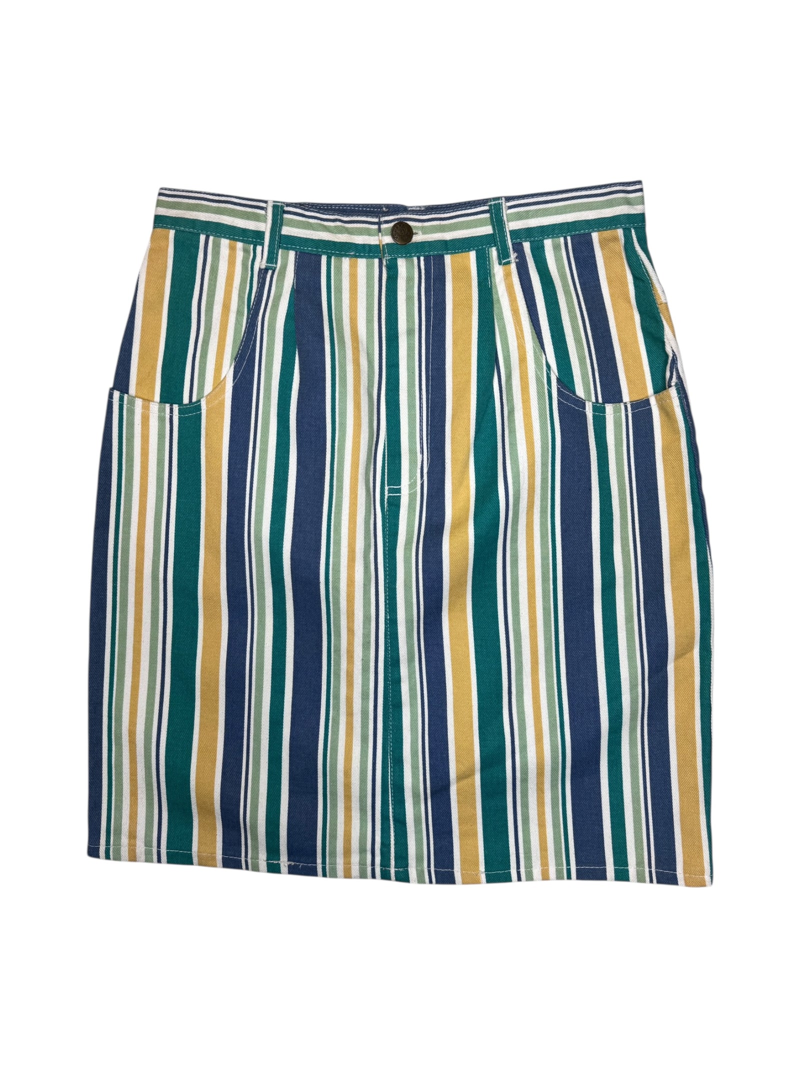 Vintage 2000s High Waisted Green Yellow & White Striped Denim Knee Length Jean Skirt | Size M