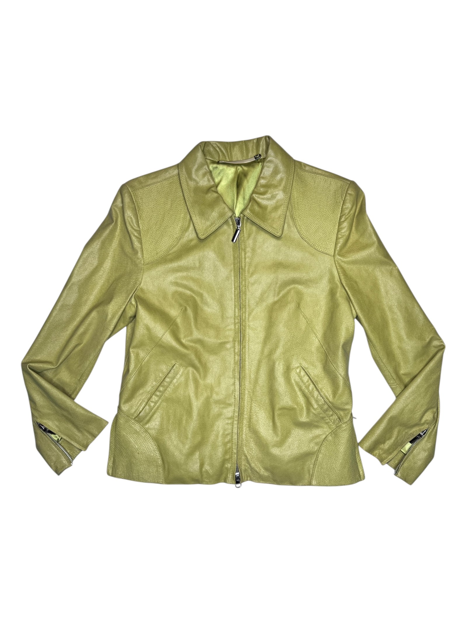 Vintage 2000s Lime Green Collared Leather Jacket with Side & Cuff Zip Details | Size M