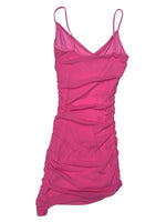 Vintage 2000s Y2K Bubblegum Pink Mesh Asymmetrical Fitted Ruched Tank Mini Party Dress | Size XS