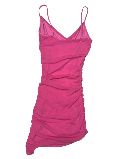 Vintage 2000s Y2K Bubblegum Pink Mesh Asymmetrical Fitted Ruched Tank Mini Party Dress | Size XS