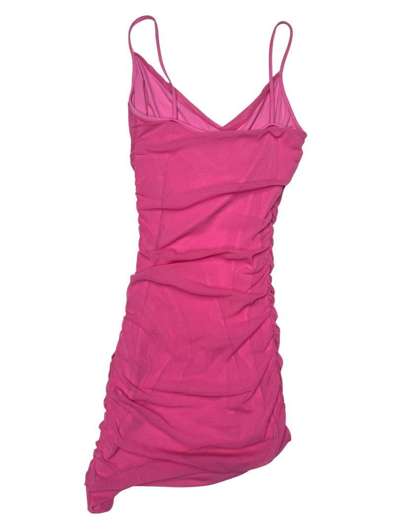 Vintage 2000s Y2K Bubblegum Pink Mesh Asymmetrical Fitted Ruched Tank Mini Party Dress | Size XS