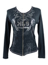 Vintage 2000s Y2K Grunge Black & Metallic Silver Long Sleeve Zip Up Scoop Neck Blouse | Size M