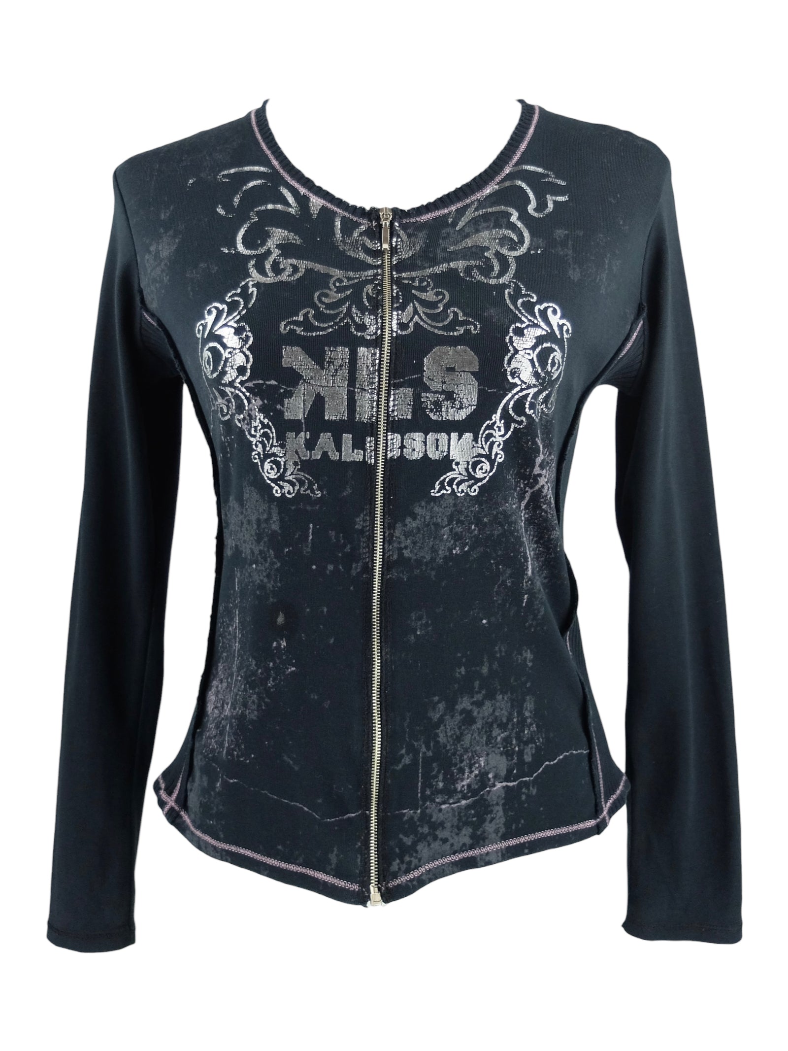 Vintage 2000s Y2K Grunge Black & Metallic Silver Long Sleeve Zip Up Scoop Neck Blouse | Size M