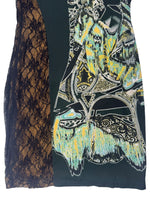 Vintage 2000s Y2K Save The Queen Dark Green & Black Abstract Print Above-the-Knee Long Sleeve Mini Dress with Lace Detail | Size L