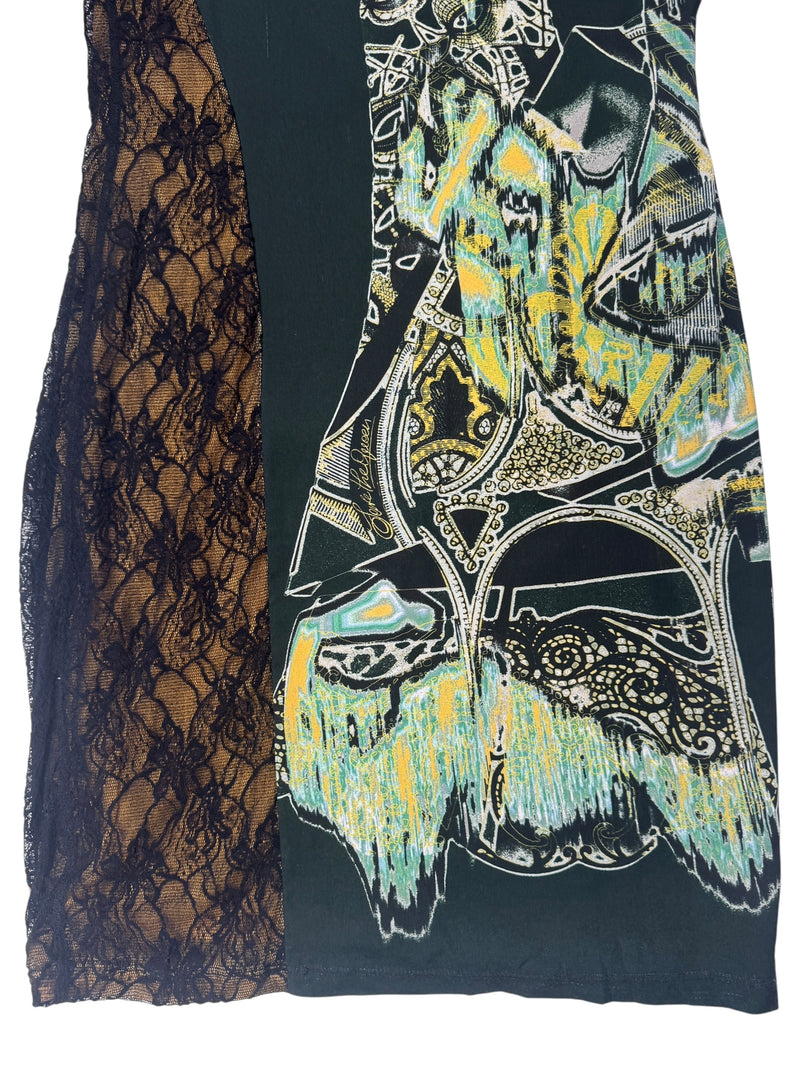 Vintage 2000s Y2K Save The Queen Dark Green & Black Abstract Print Above-the-Knee Long Sleeve Mini Dress with Lace Detail | Size L