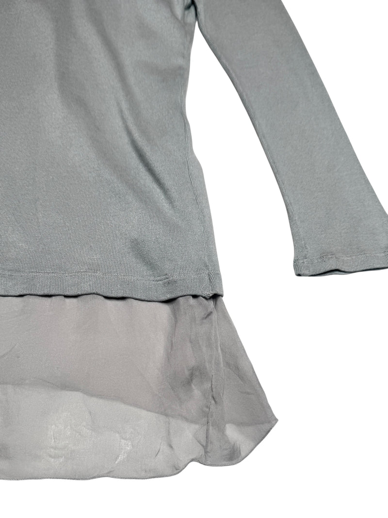 Vintage 2000s Y2K Patrizia Pepe Grey Layered Long Sleeve Silk Scoop Neck Blouse with Attached Cardigan | Size M