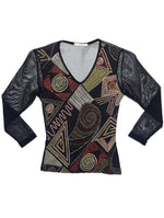 Vintage 2000s Y2K Mesh Black Red & Cream Abstract Metallic V-Neck 3/4 Sleeve Top | Size S