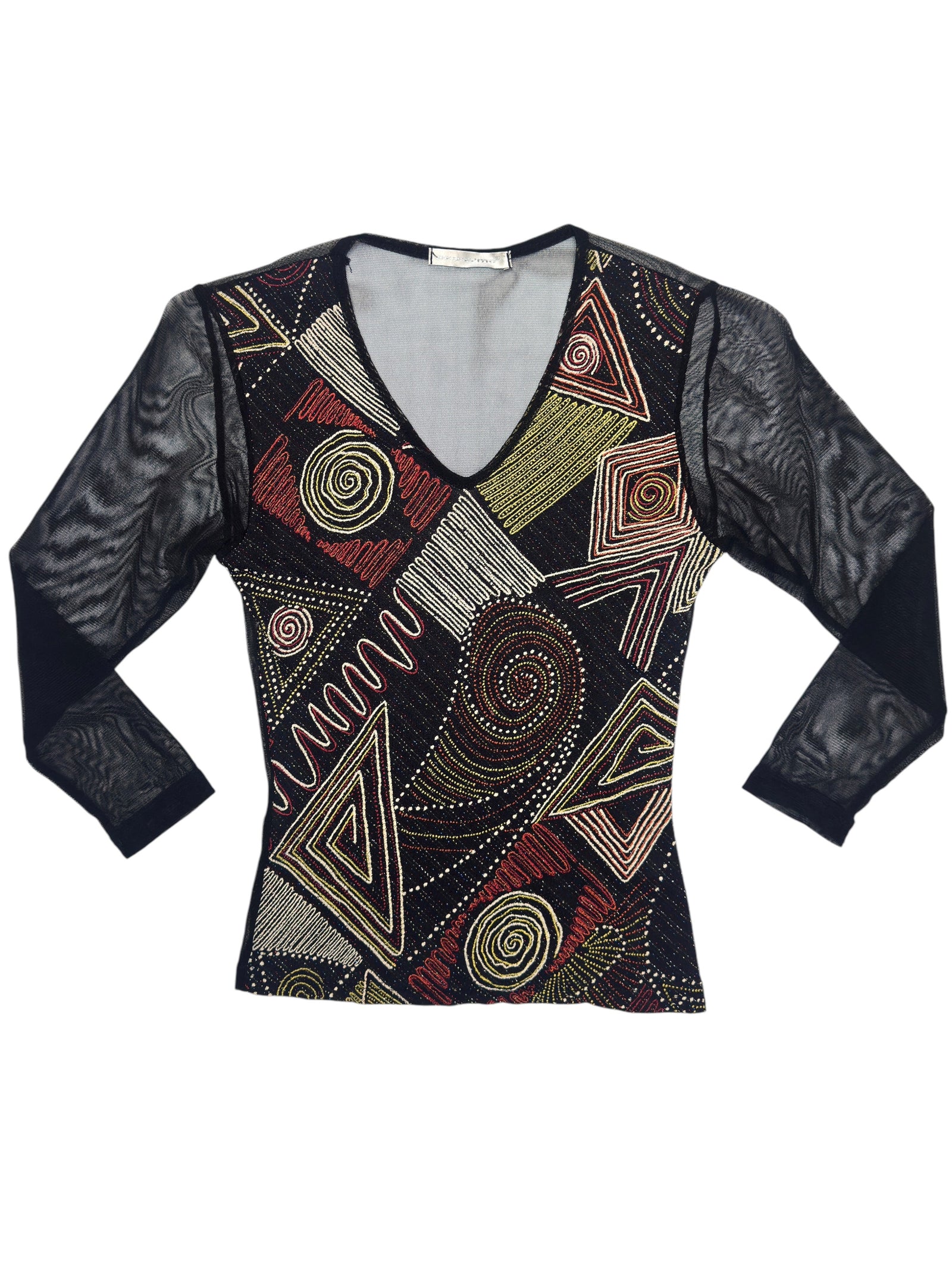Vintage 2000s Y2K Mesh Black Red & Cream Abstract Metallic V-Neck 3/4 Sleeve Top | Size S