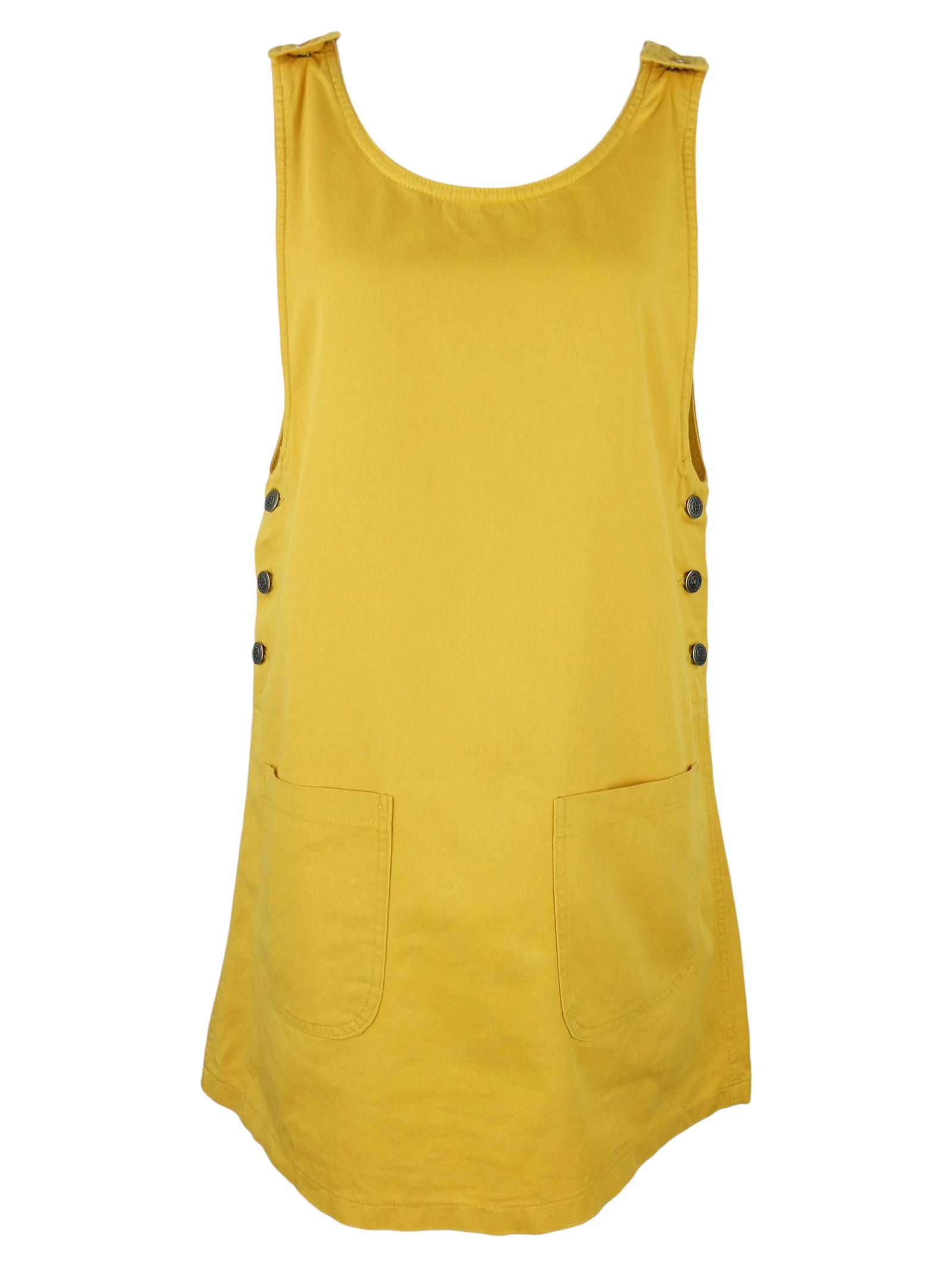 Vintage 90s Y2K Bohemian Preppy Mod Solid Yellow Pinafore Sleeveless Tank A-Line Above-the-Knee Cotton Mini Dress | Size S