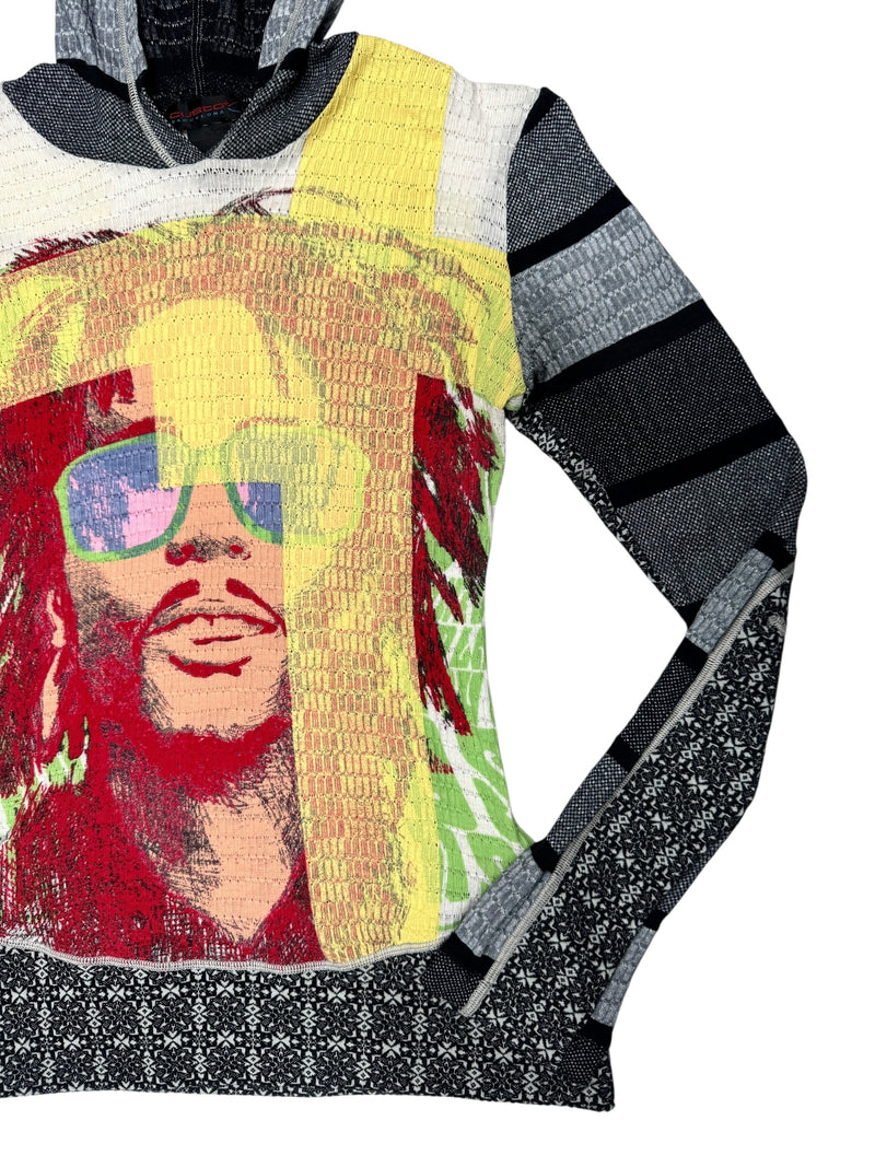 Vintage 2000s Y2K Custo Barcelona Streetwear Fitted Abstract Multicoloured Graphic Hooded Long Sleeve Shirt | Size S