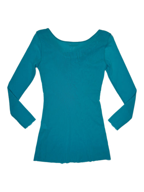 Vintage 2000s Y2K Teal Turquoise Micro Mesh Scoop Neck Long Sleeve Top with Ruffle Detail | Size S-M
