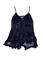 Vintage 2000s Black Butterfly Ruffled Mesh Sleeveless Lingerie Tank Top Tunic with Front Cutout & Bow | Size L