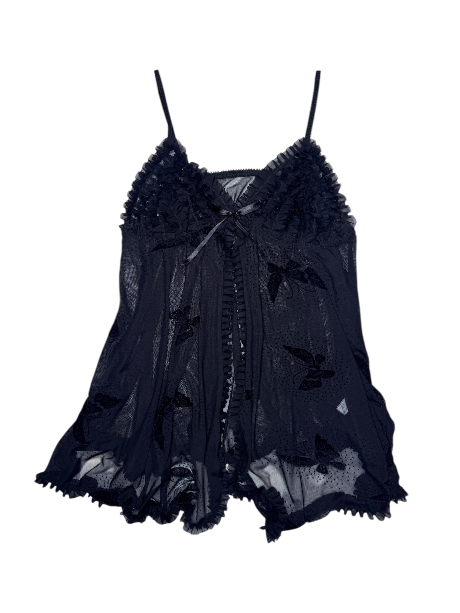 Vintage 2000s Black Butterfly Ruffled Mesh Sleeveless Lingerie Tank Top Tunic with Front Cutout & Bow | Size L