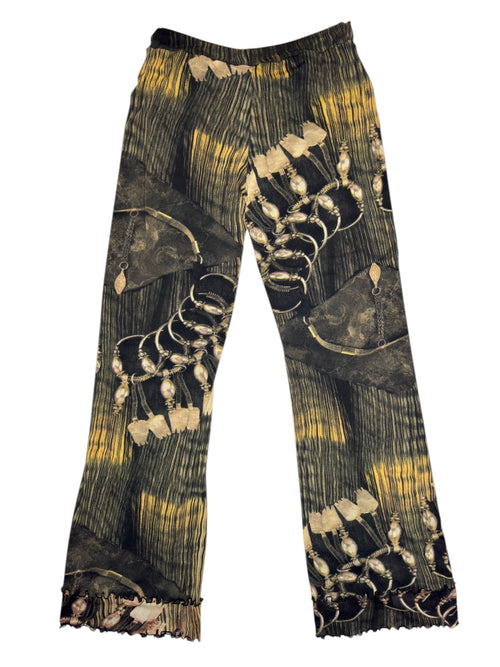 Vintage 2000s Y2K Green & Gold Mid-Rise Abstract Chain Print Mesh Stretch Pants | Size L