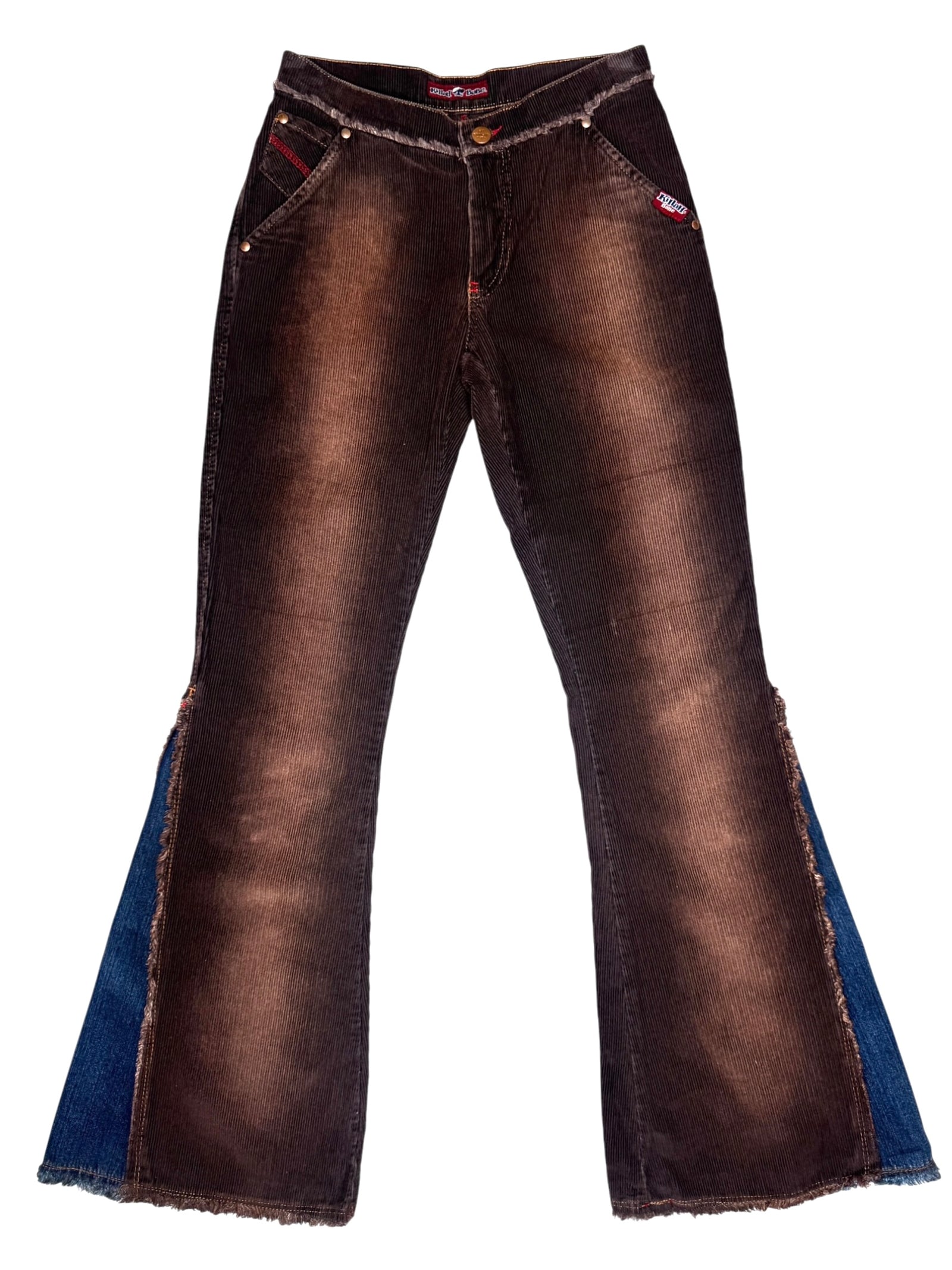 Vintage 2000s KILLAH Brown Faded Corduroy Flared Pants with Blue Side Panels | Size XS
