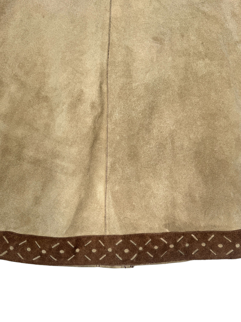 Vintage 70s Bohemian Hippie Tan & Brown Suede Leather Collared Snap Button Down Cape Poncho | Size M