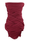 Vintage 2000s Y2K Avant Garde Maroon Burgundy Red Fitted Sleeveless Draped Mesh Pencil Mini Dress
