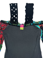 Vintage 2000s Y2K Save The Queen Subversive Off-the-Shoulder Abstract Multicoloured Patchwork Print Long Sleeve Blouse | Size M