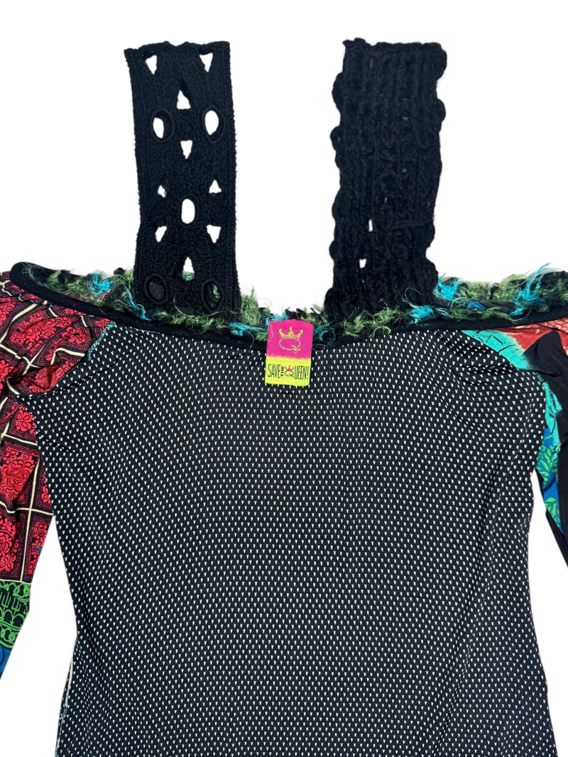 Vintage 2000s Y2K Save The Queen Subversive Off-the-Shoulder Abstract Multicoloured Patchwork Print Long Sleeve Blouse | Size M