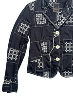 Vintage 2000s Y2K Marithé + François Girbaud Bohemian Subversive Navy Blue & White Abstract Embroidered  Button Down Collared Blazer Jacket | Size S
