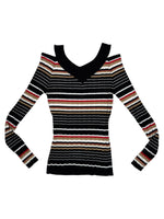 Vintage 2000s Striped Long Sleeve Stretch Knit Top with Cutout Shoulders | Size XS