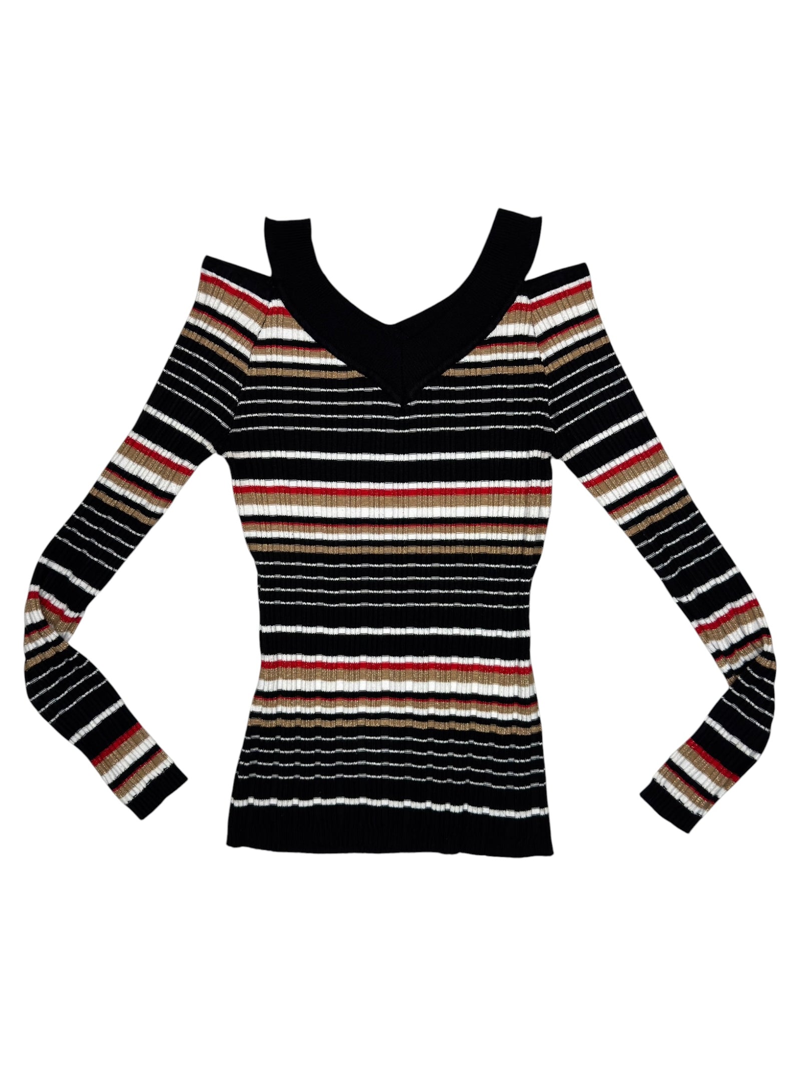 Vintage 2000s Striped Long Sleeve Stretch Knit Top with Cutout Shoulders | Size XS