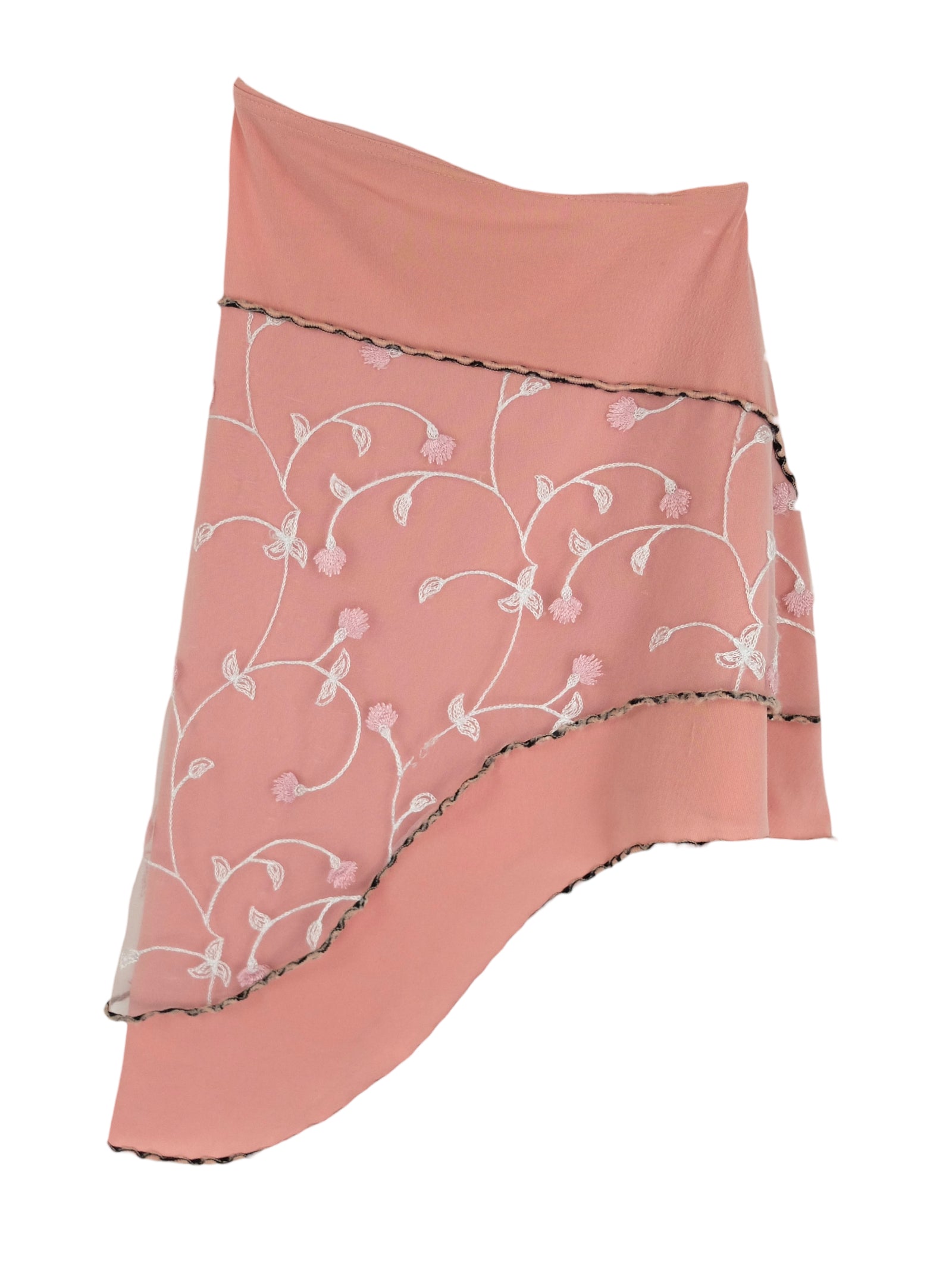 Vintage 2000s Y2K Feminine Chic Pastel Baby Pink Low Rise Asymmetrical Floral Patterned Mesh Overlay Mini Skirt | Size XXS