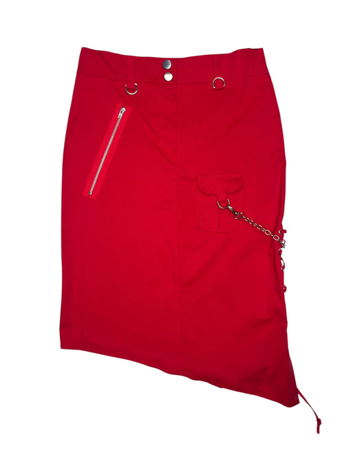 Vintage 2000s Red Rhinestone Asymmetrical Low Rise Midi Skirt with Chain & Side Lace Up Detail | Size S