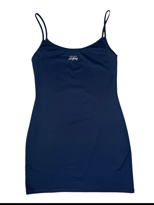 Vintage 2000s Y2K Krizia Jeans Blue Rhinestone Logo Sleeveless Tank Mini Dress | Size M