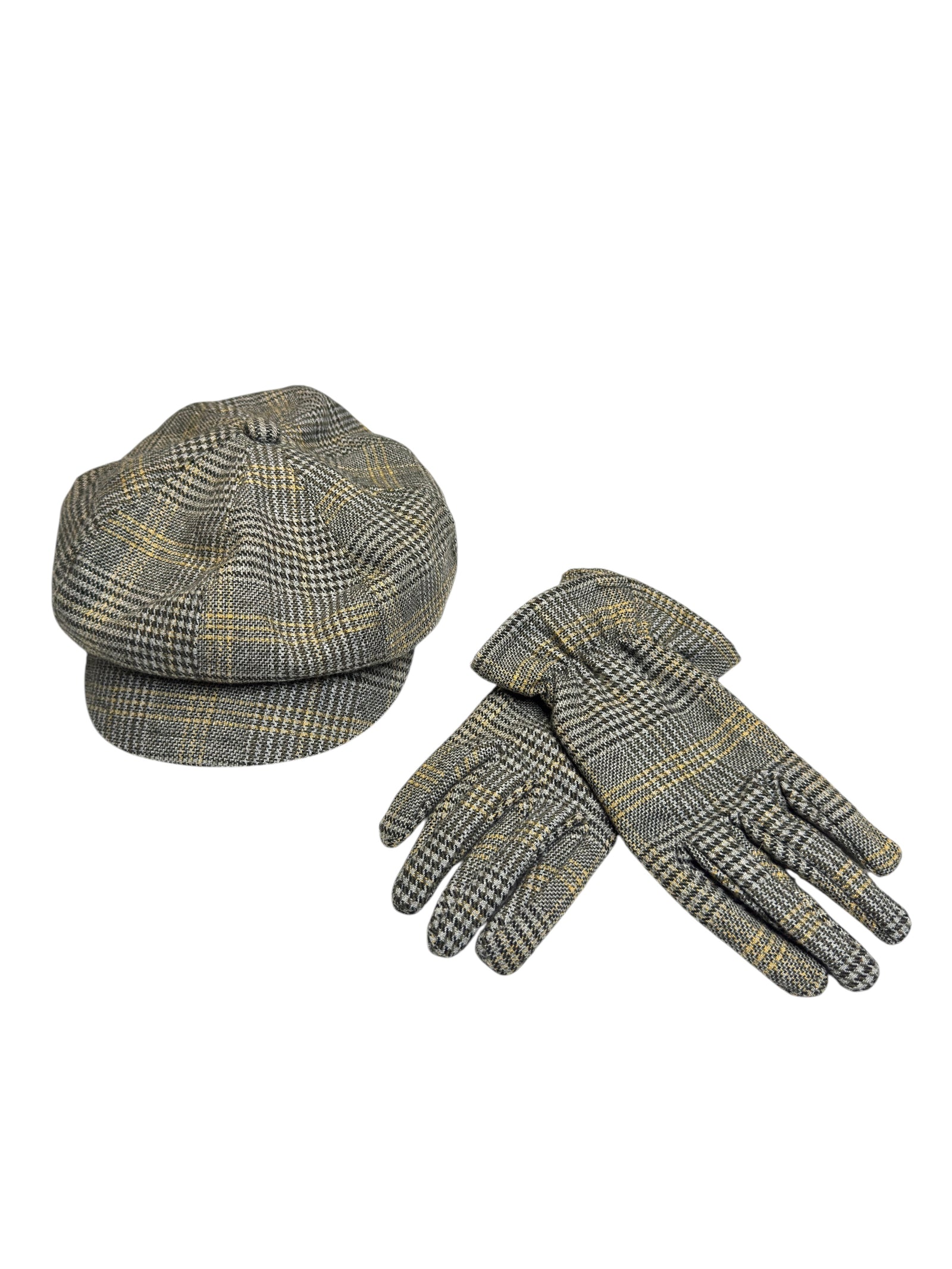 Vintage 2000s Wool Blend Grey & Brown Plaid Newsboy Cap & Gloves Set