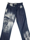 Vintage 2000s High Waisted Abstract Graphic Blue & White Tribal Patterned Straight Leg Jeans | 28 Inch Waist