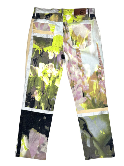Vintage 2000s Y2K Just Cavalli Bohemian Grunge Mid-Rise Bright Green & Purple Abstract Floral Straight Leg Glitter Jeans | 28 Inch Waist