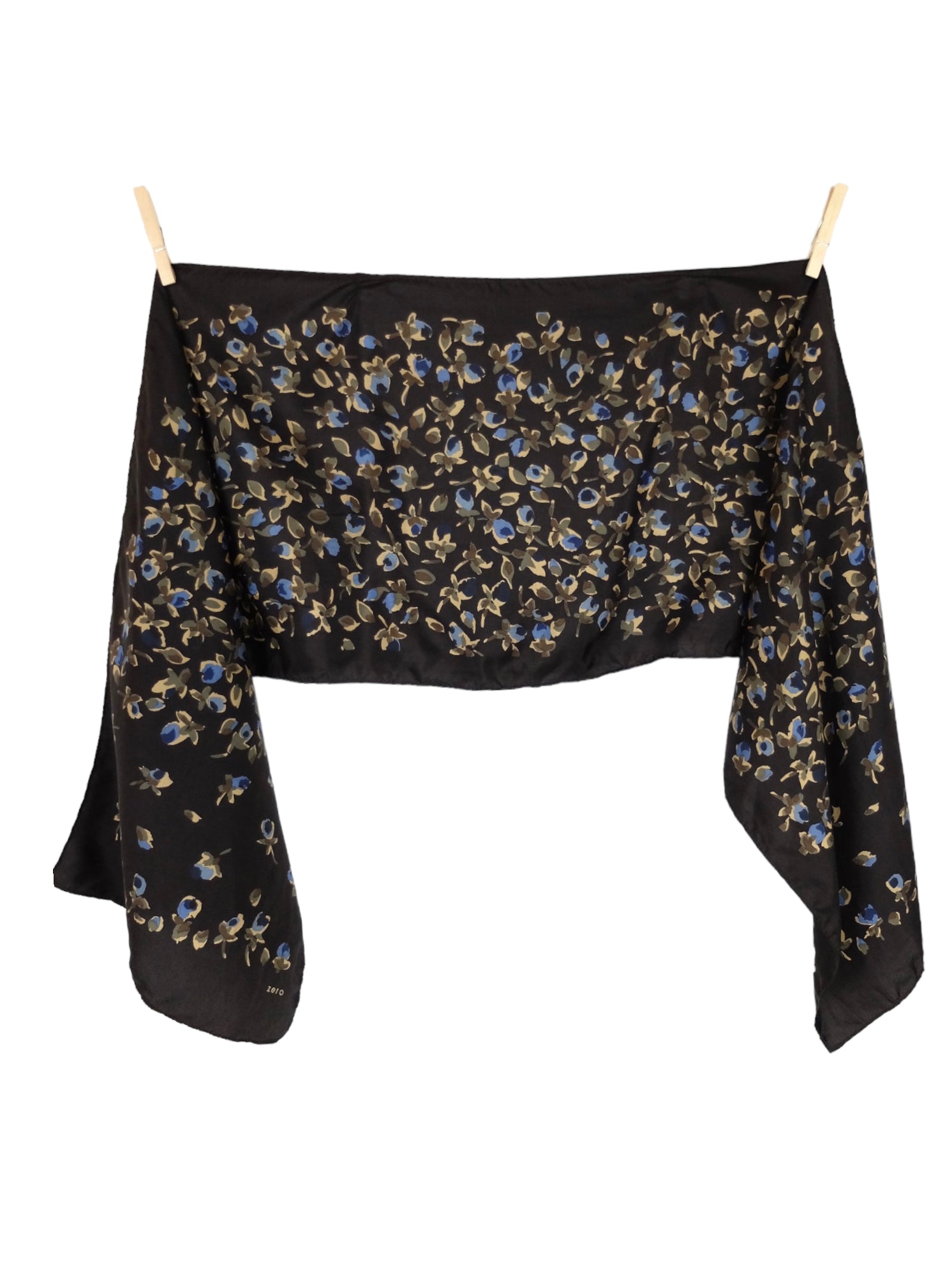 Vintage 90s Silk Brown & Blue Floral Print Long Wide Neck Tie Shawl Wrap Scarf