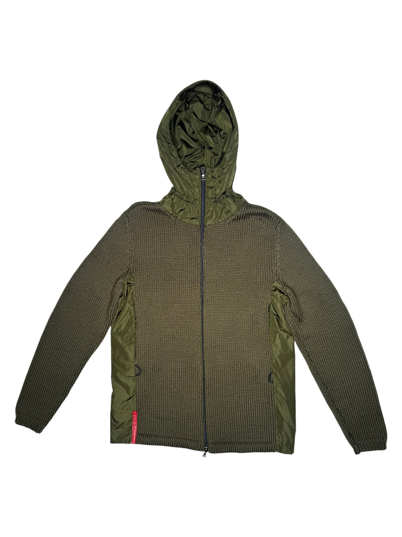 Vintage 2000s Y2K Prada Subversive Gorpcore Wool & Nylon Moss Green Double Zip Up Hooded Knit Sweater | Women’s Size M