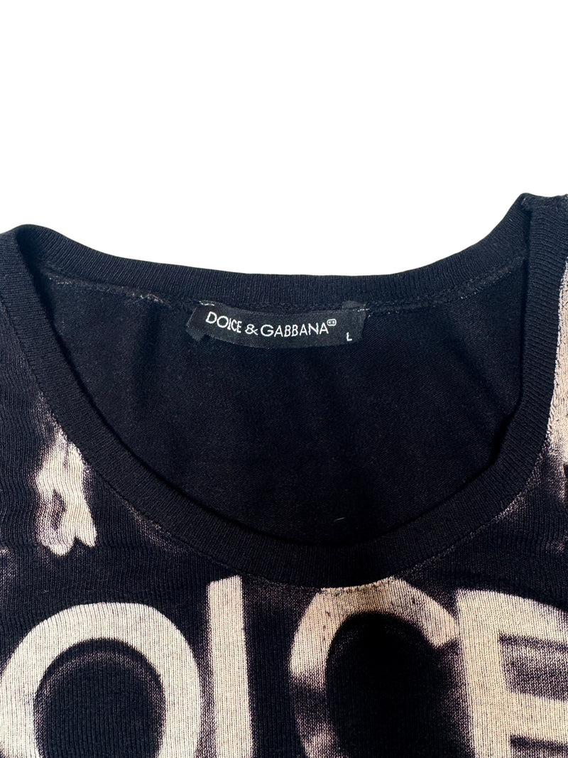Vintage 2000s Y2K Dolce & Gabbana Black & Beige Bedazzled Rhinestone Graphic Short Sleeve Logo Tee | Size M-L