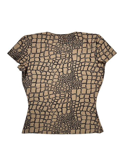 Vintage 2000s LES COPAINS Brown & Black Abstract Geometric Print Stretchy Scoop Neck Short Sleeve Top | Size L