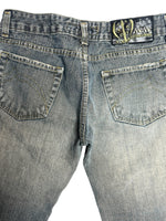 Vintage 2000s Y2K Bohemian Grunge Low Mid Rise Ripped Faded Denim Straight Leg Slim Jeans With Floral Patchwork Detail | 28 Inch Waist