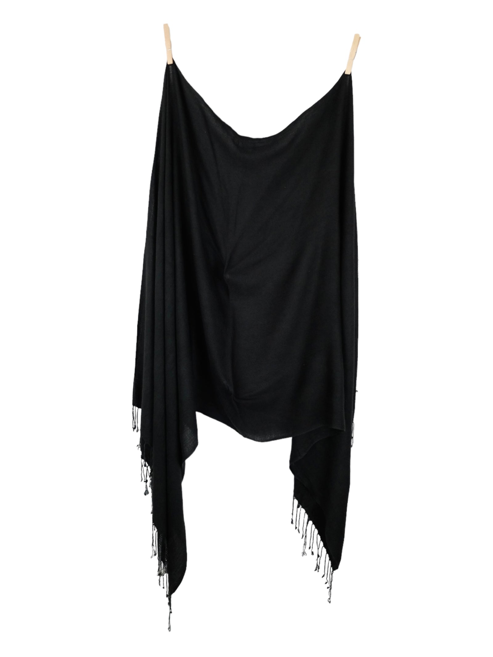 Vintage 2000s Y2K Minimalist Chic Solid Basic Black Fringed Wide Long Lightweight Wrap Scarf