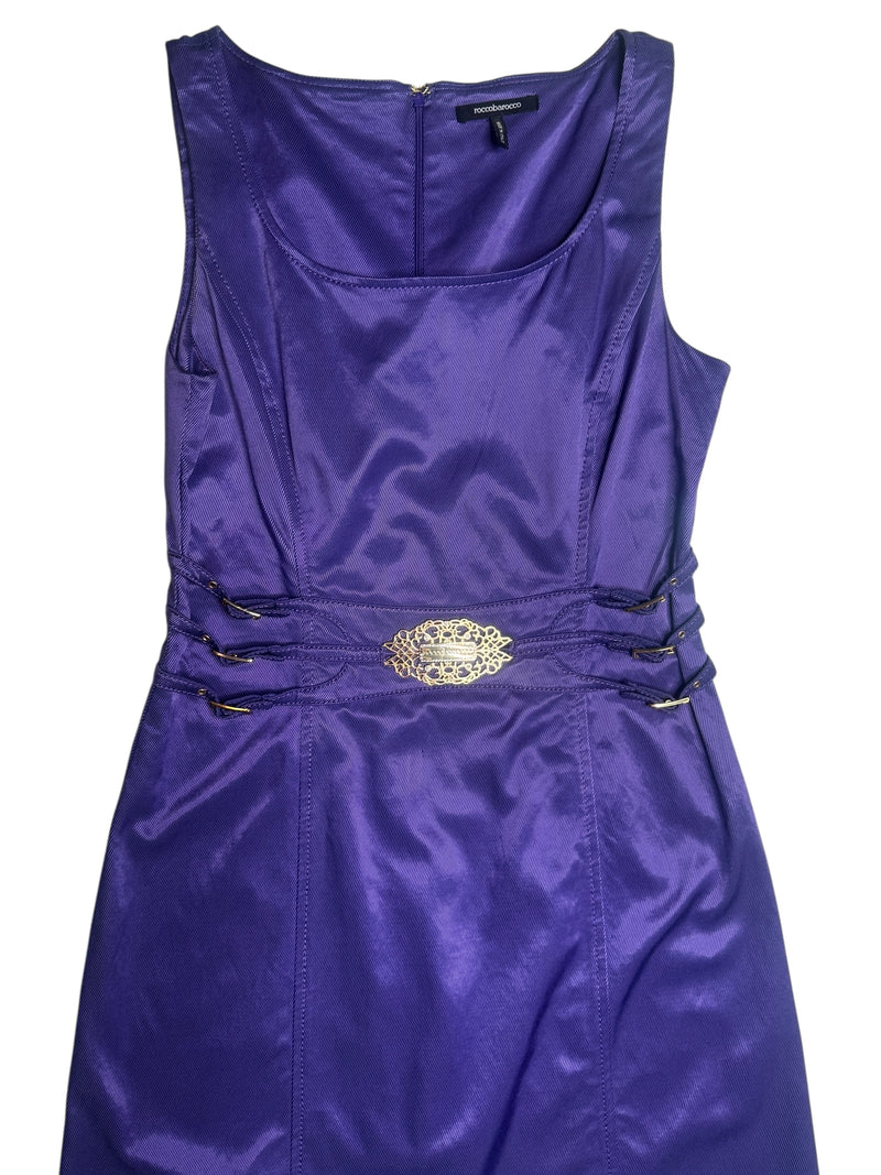 Vintage 2000s Y2K Rocco Barocco Bright Purple Formal Knee Length Sleeveless Dress with Buckle Detail | Size M
